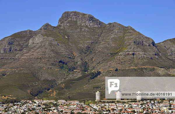 Blick von Bo-Kaap auf Wohnhäuser von Kapstadt  dahinter der Devil's Peak  Südafrika  Afrika