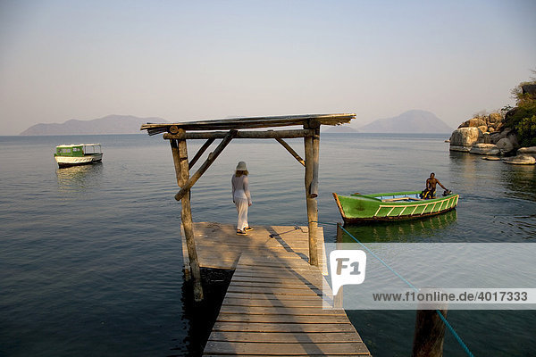 Pier for the lodge on an island  Mumbo Island Camp  Cape Maclear Peninsula  Lake Malawi  Malawi  South East Africa