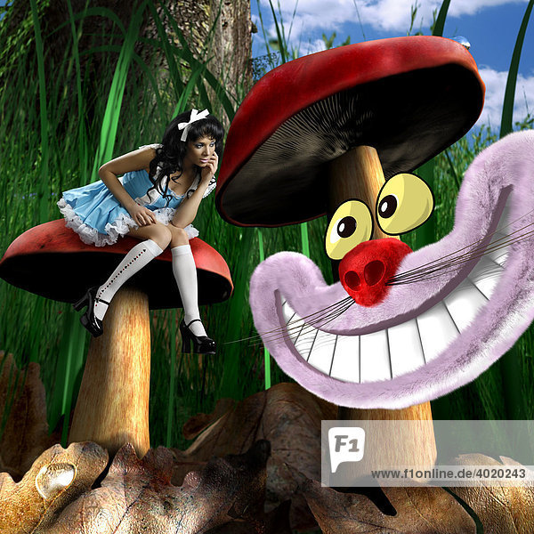 Alice Im Wunderland Ein Madchen Sitzt In Einem Zauberhaften Wald Auf Einem Pilz Und Redet Mit Der Grinsekatze Alice Im Wunderland Ein Madchen Sitzt In Einem Zauberhaften Wald Auf Einem Pilz Und Redet
