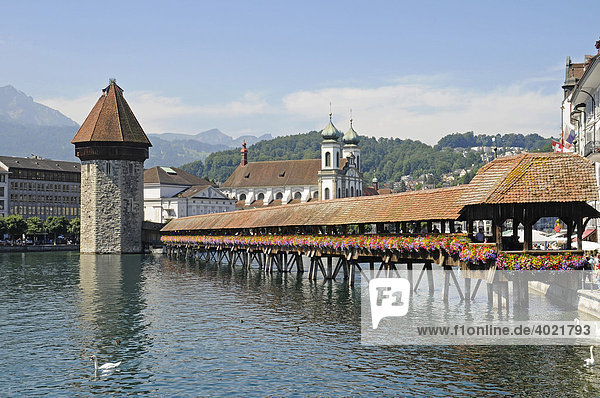 Kapellbrücke  Wasserturm  Fluss Reuss  Altstadt  Luzern  Schweiz  Europa