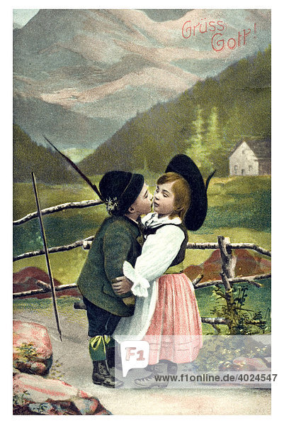 Historische Valentinsgrußkarte  Grüß Gott  bayerisches Kinderpaar  Kuss
