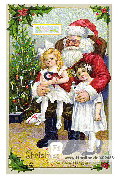 Historische englische Weihnachtskarte  Weihnachtsmann mit zwei Mädchen vor geschmücktem Tannenbaum  Christmas greetings