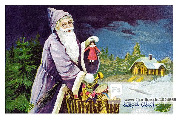 Historische Weihnachtskarte  Weihnachtsmann mit Korb voller Geschenke vor Haus in der Nacht