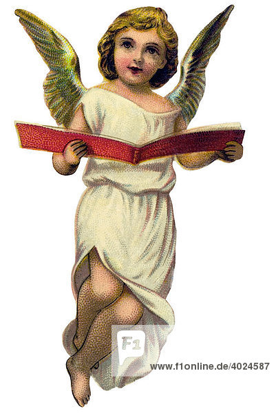 Nostalgische Illustration  Kinderengel schwebend in weißem Kleid mit Buch in der Hand