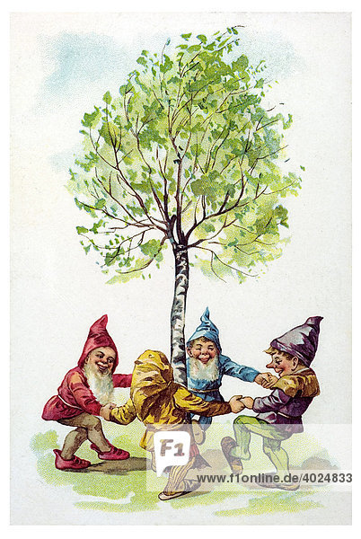 Historical greetings card four colourful dwarves dancing around a birch tree