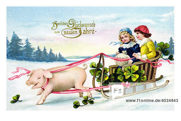 Historische Neujahrsgrußkarte  zwei Kinder im Schlitten  der von einem Glücksschwein gezogen wird  Herzlichen Glückwunsch zum neuen Jahre