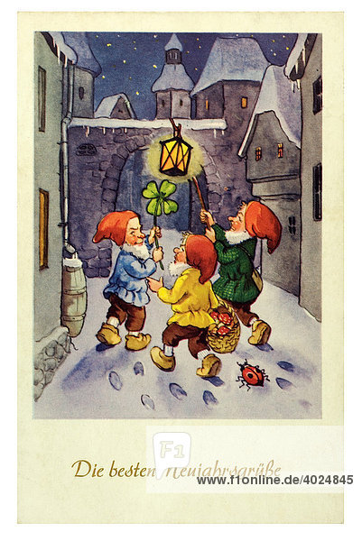 Historical New Year greetings card three dwarves in nightly street with lucky symbols Die besten Neujahrsgruesse Best new year wishes