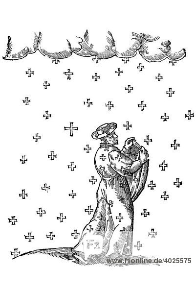 Holzschnitt  Crucularum prodigium  Wunderzeichen mit Wolke aus der Kreuze regnen  Aldrovandi  Historia Monstrorum  1642  Renaissance