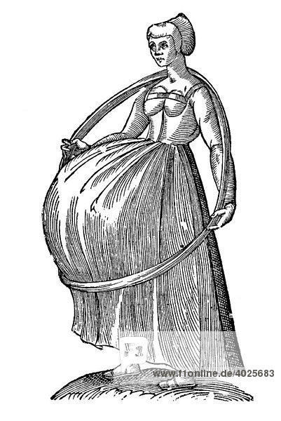 Holzschnitt  Icon mulieris fobole multiplici graudiae  Frau die mit einem Reif Ihren dicken schwangeren Bauch hält  Mehrlinge  Zwillinge  Aldrovandi  Historia Monstrorum  1642  Renaissance