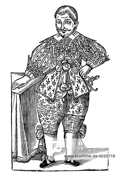 Holzschnitt  Nanus Illustrissimi D. Ducis Caroli de Creqy  Adeliger in höfischer Kleidung  aus: Aldrovandi  Historia Monstrorum 1642  17. Jh  Renaissance