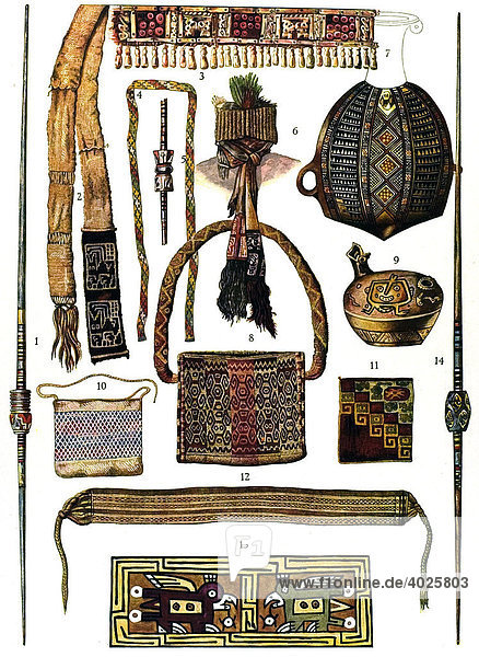Historische Illustration  Geräte aus dem Gräberfeld von Ancona in Peru  A. Stübel und W. Reiß  prähistorische Ornamente