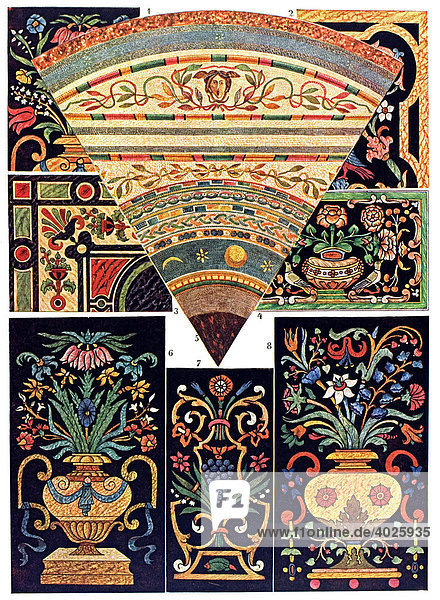 Historische Illustration  italienische Ornamente  Marmormosaik und Marmorintarsien