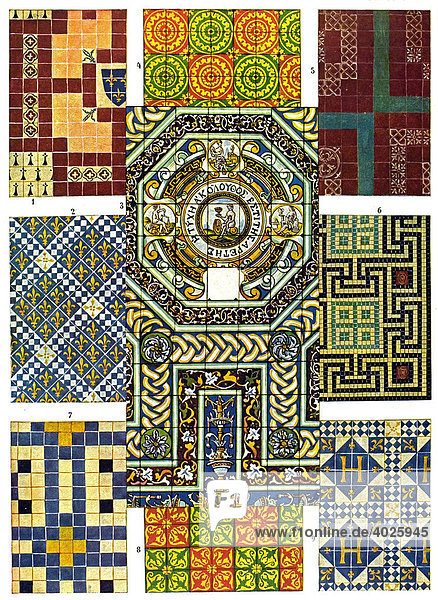 Historische Illustration  französische Ornamente  emaillierte Fußbodenplatten