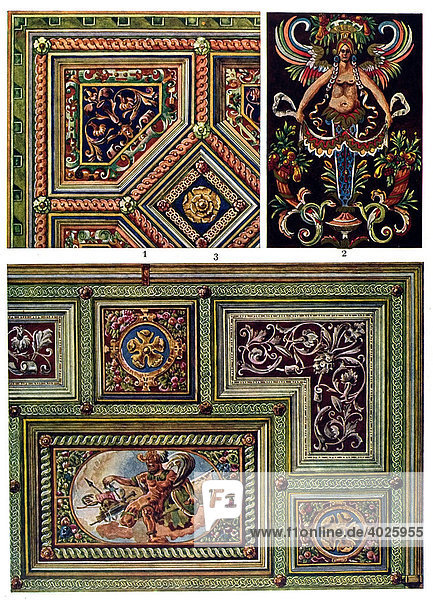 Historische Illustration  deutsche Ornamente  bemalte Holzdecken