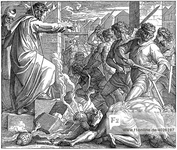 Holzschnitt  Die Strafe für den Götzendienst  2. Buch Mose  Exodus 32  27  Altes Testament  Katholische Bilder-Bibel