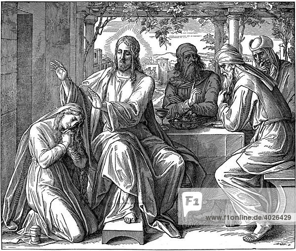 Holzschnitt  Jesus und die Sünderin  Lukas  7  47  Neues Testament  Katholische Bilder-Bibel