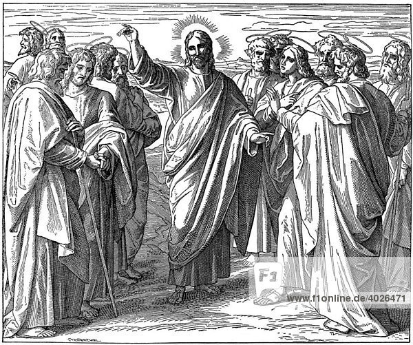 Holzschnitt  Die Sendung der Apostel  Matthäus  10  1  Neues Testament  Katholische Bilder-Bibel