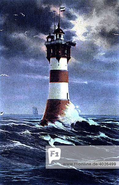 Lighthouse  Rotesandleuchtturm in front of the mouth of Weser River in a storm  aquarelle painting  postcard picture  around 1900