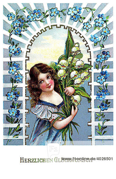 Mädchen  Maiglöckchen  Glückwunsch  Postkartenmotiv  um 1900