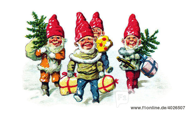 Coloured dwarves bringing gifts presents postcard picture around 1900