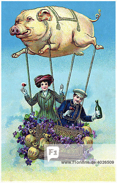Mann und Frau im Schweineballon mit Geldsäcken und Sekt  Postkartenmotiv  um 1900