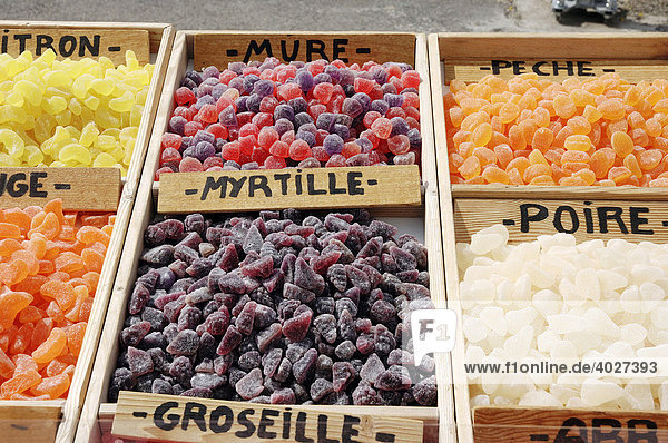 Market stall with different kinds of candy  Provence  Southern France  Europe