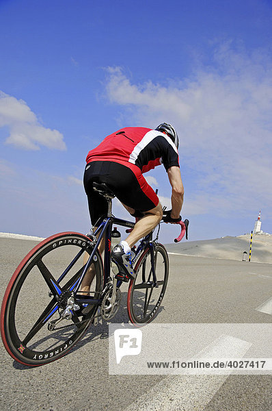 Racing cyclist on the road to the peak of Mont Ventoux  Vaucluse  Provence-Alpes-Cote d'Azur  Southern France  Europe