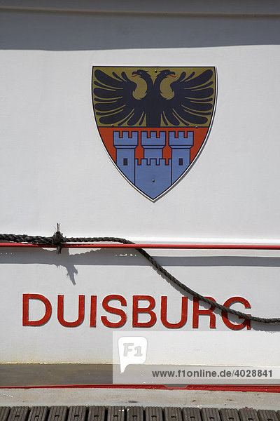 Coat of arms passenger ship named 'Duisburg' basin Duisburg North Rhine-Westphalia Germany Europe