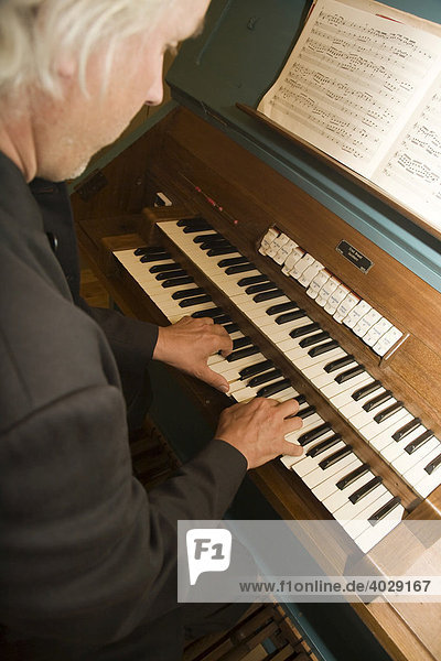 Orgelspieler  Manual und Register  privat restaurierte Kirchenorgel  Orgelhof Goldelund  Nordfriesland  Schleswig-Holstein  Deutschland  Europa