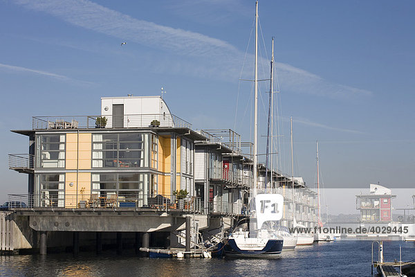 Water houses bordering the modern marina in Flensburg's Inner Fjord  Sonwik  Flensburg  Schleswig-Holstein  Northern Germany  Germany  Europe
