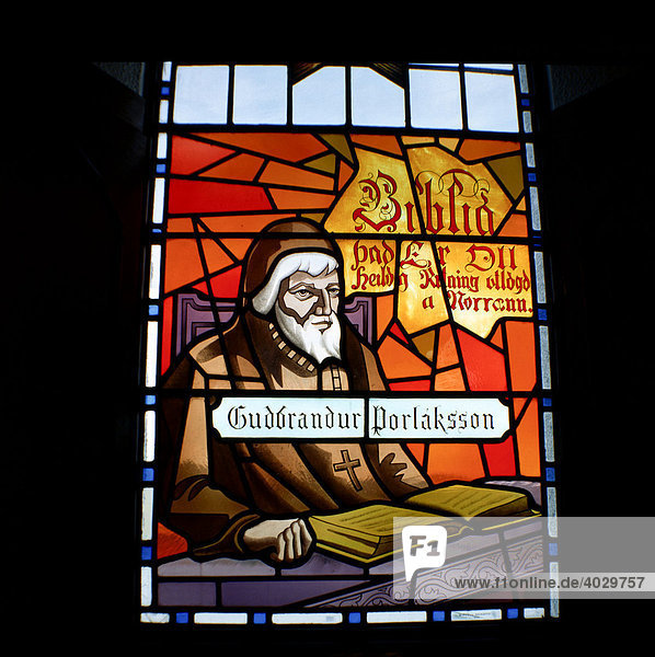Gudbrandur Thorlaksson  translated the bible into Icelandic  stained-glass window of the Akureyri parish church  Iceland  North Europe