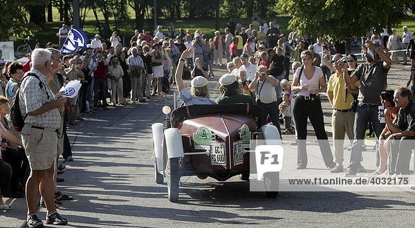 Car at the finish line of the Sachsen Vintage classic car rally  start number 21: Anja Koebel and Kristina Mugler in a 1931 DKW sportscar  by the crystal manufacturer in Dresden  Saxony  Germany  Europe