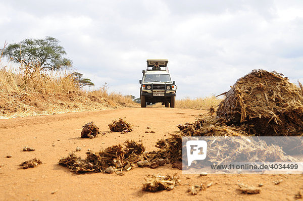 Geländewagen mit Touristen vor einem Haufen Elefantenmist  Tarangire-Nationalpark  Tansania  Afrika
