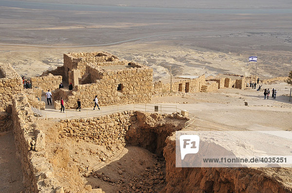 Tourists in the Herodes Fortress of Masada  symbol for the freedom of Israel  Dead Sea  Israel  Near East  Orient