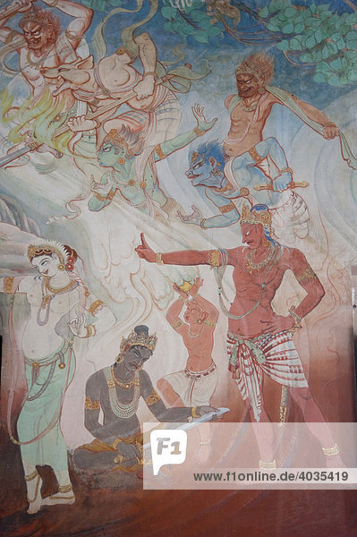 Mara devils attacking Buddha during his Enlightenment  detail of a wall painting of the Japanese artist Kosetsu Nosu representing the Life of Buddha  Mulagandha Kuti Vihara Buddhist temple  Sarnath  Uttar Pradesh  India  South Asia