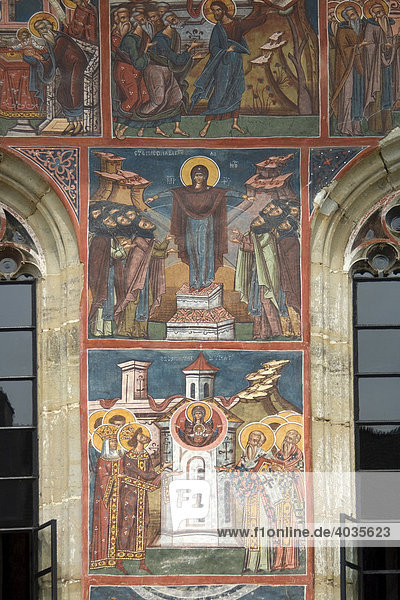 Exterior frescoes  Church of Annunciation  UNESCO World Heritage Site  Moldovita  Southern Bukovina  Moldova  Romania  Europe