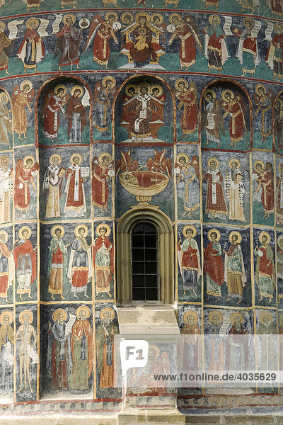 Exterior frescoes  monastery of Sucevita  UNESCO World Heritage Site  Southern Bukovina  Moldova  Romania  Europe