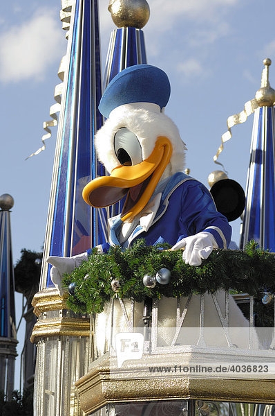 Donald Duck in a parade at Walt Disney World  Florida  USA
