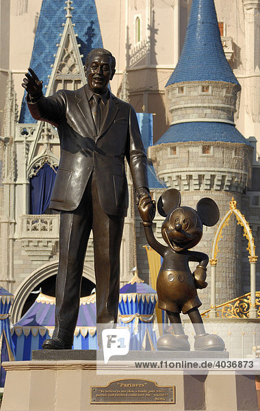 Walt Disney and Mickey Mouse statue at Walt Disney World's Magic Kingdom  Florida  USA