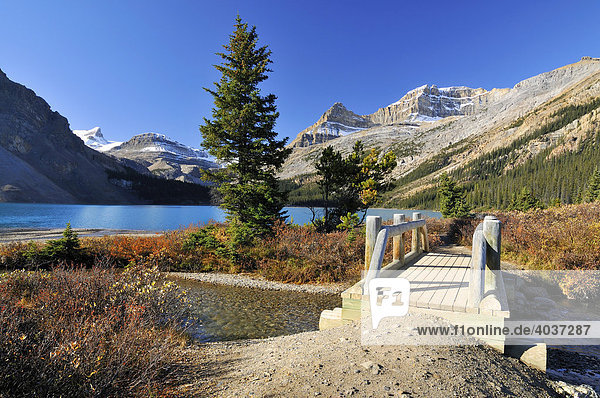 Rocky Mountains  Holzbrücke am Bow Lake  hinten Bow Glacier  Banff Nationalpark  Alberta  Kanada  Nordamerika
