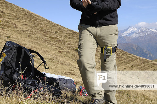Paraglider preparing for takeoff  detail  Monte Cavallo  Sterzing  Province of Bolzano-Bozen  Italy  Europe