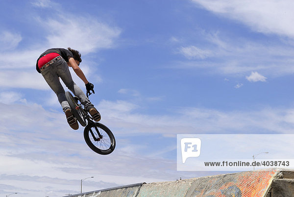 Jumping high on a BMX-Bike on a halfpipe  Mildura  Victoria  Australia