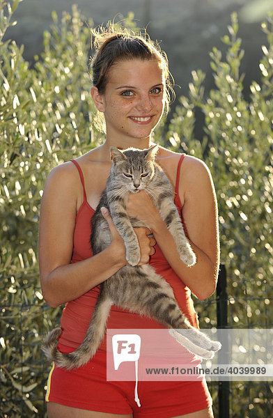 Junge graugetigerte Katze wird von Mädchen gehalten