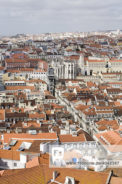 View of Baixa  Bairro Alto and the Santa Justa Elevator from the Castelo do Sao Jorge  Lisbon  Portugal  Europe