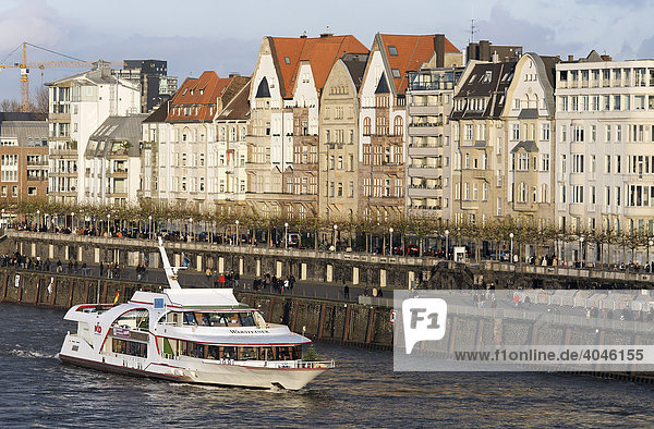 Mannesmann riverside  cruise vessel on the Rhine River  Duesseldorf  North Rhine-Westphalia  Germany  Europe