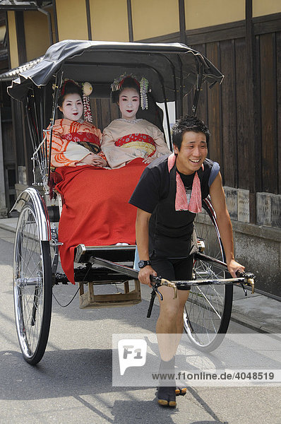 Maikos  Geishas in Ausbildung  lassen sich von einem Rikschafahrer durch die Altstadt von Kyoto fahren  Japan  Asien