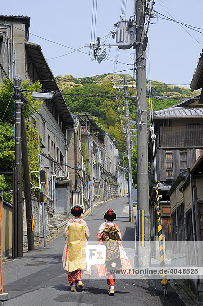 Maikos  Geishas in Ausbildung  gehen durch eine eintönige Straße in Kyoto  Japan  Asien