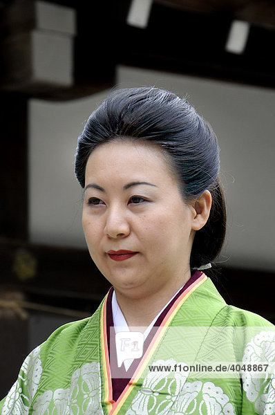 Japanese woman with classic hairstyle and kimono at the Aoi Festival in the Kamigamo Shrine  Kyoto  Japan  Asia