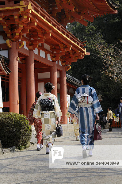 Japanerinnen im Kimono besuchen den Kamigamo Schrein in Kyoto  Japan  Asien