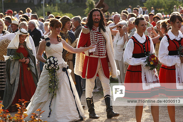 Man dressed up as the Fuerst Rakoczi and the Quellenkoenigin  queen  Rakoczi Festival  Rosengarten  Bad Kissingen  Rhoen  Lower Franconia  Bavaria  Germany  Europe